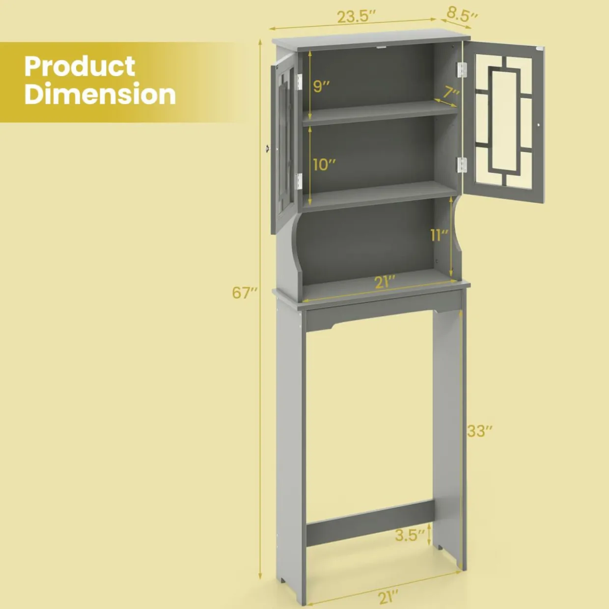 Tangkula Over The Toilet Storage Cabinet, Freestanding Over Toilet Storage Rack w/ 2 Tempered Glass Doors