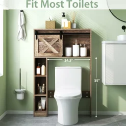 Tangkula Over The Toilet Storage Cabinet, Freestanding Bathroom Organizer Above Toilet with Sliding Barn Door & Storage Shelves