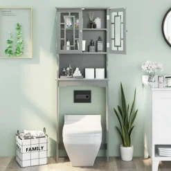 Tangkula Over The Toilet Storage Cabinet, Freestanding Over Toilet Storage Rack w/ 2 Tempered Glass Doors