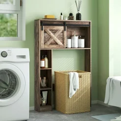 Tangkula Over The Toilet Storage Cabinet, Freestanding Bathroom Organizer Above Toilet with Sliding Barn Door & Storage Shelves