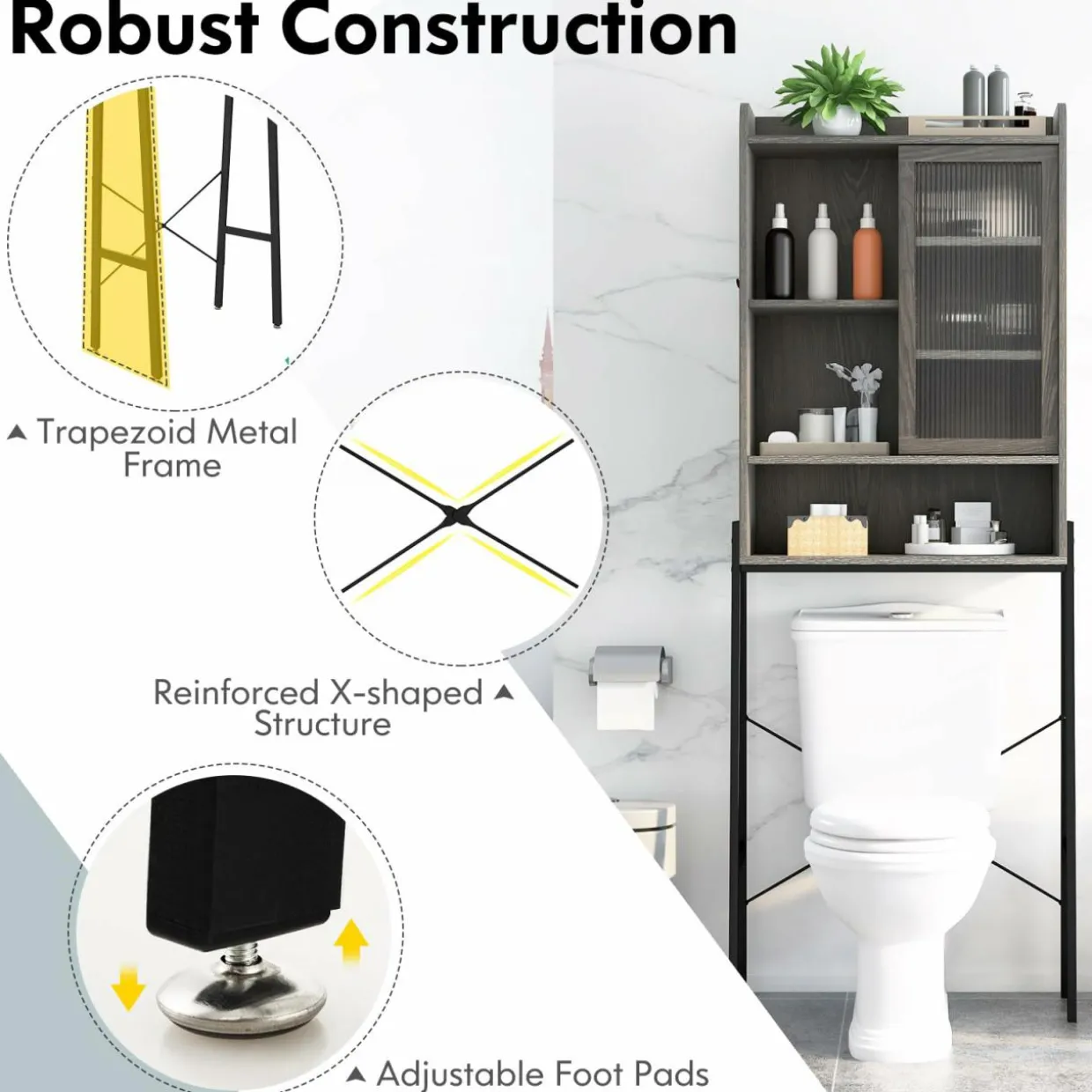 Tangkula Over The Toilet Storage Cabinet, Bathroom Space Saver Organizer Above Toilet with Double Doors & Metal Frame