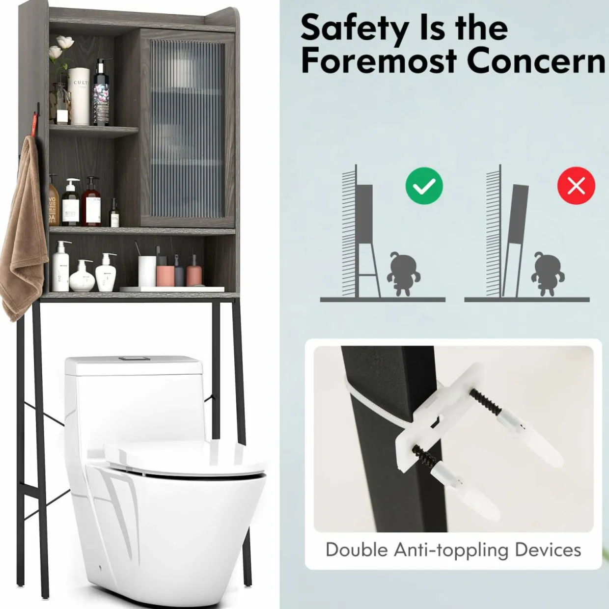 Tangkula Over The Toilet Storage Cabinet, Bathroom Space Saver Organizer Above Toilet with Double Doors & Metal Frame