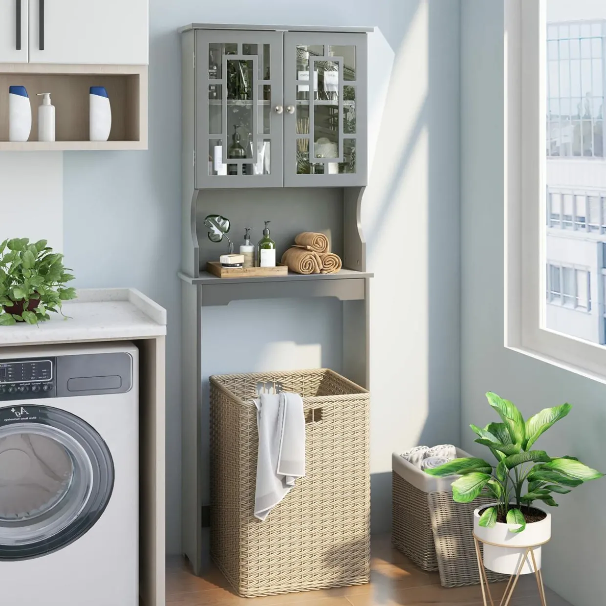 Tangkula Over The Toilet Storage Cabinet, Freestanding Over Toilet Storage Rack w/ 2 Tempered Glass Doors