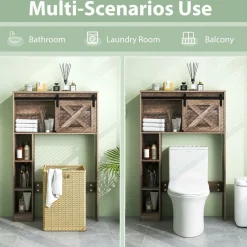 Tangkula Over The Toilet Storage Cabinet, Freestanding Bathroom Organizer Above Toilet with Sliding Barn Door & Storage Shelves