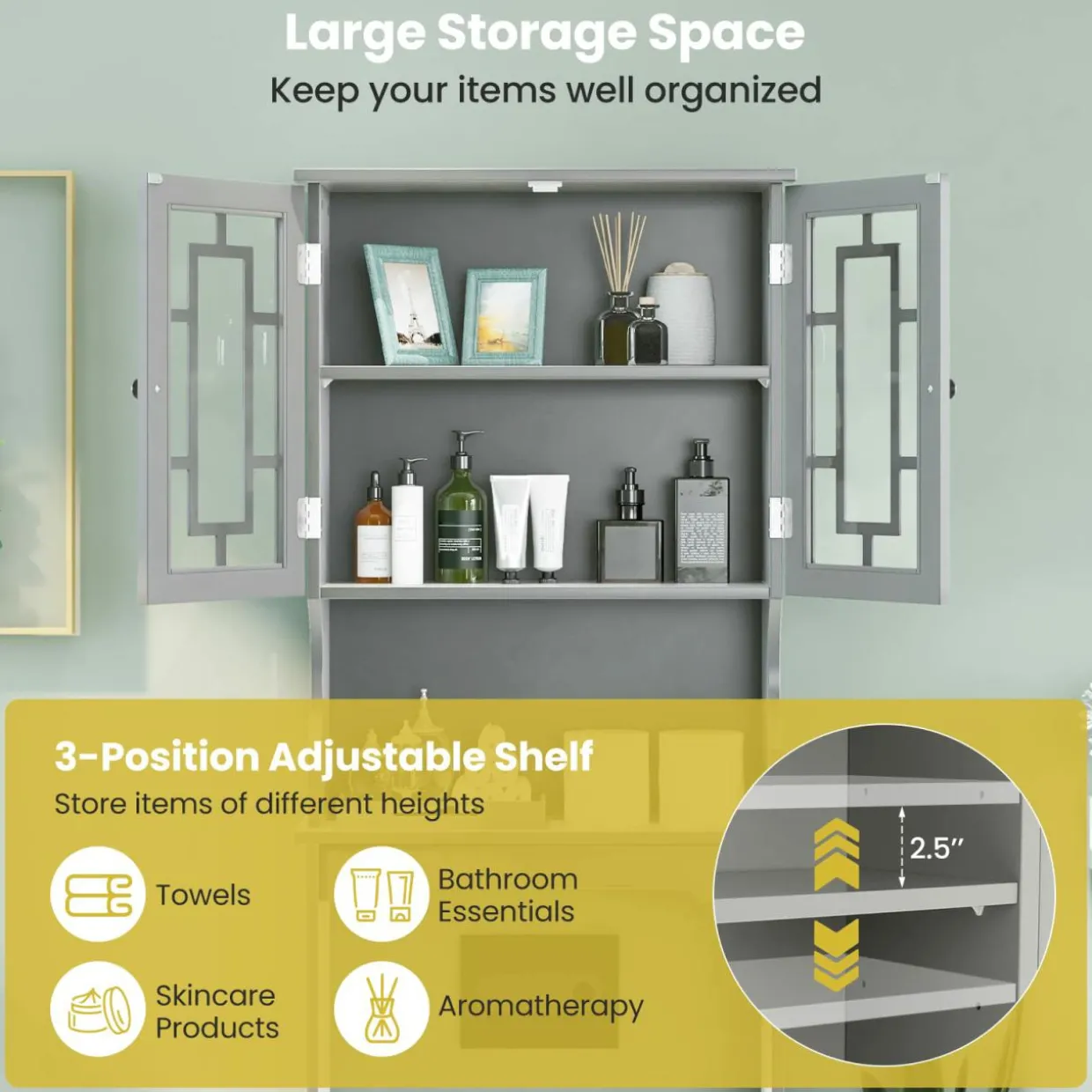 Tangkula Over The Toilet Storage Cabinet, Freestanding Over Toilet Storage Rack w/ 2 Tempered Glass Doors