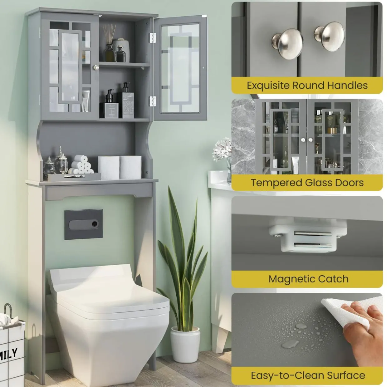 Tangkula Over The Toilet Storage Cabinet, Freestanding Over Toilet Storage Rack w/ 2 Tempered Glass Doors