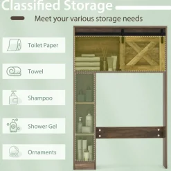 Tangkula Over The Toilet Storage Cabinet, Freestanding Bathroom Organizer Above Toilet with Sliding Barn Door & Storage Shelves