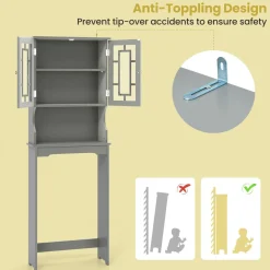 Tangkula Over The Toilet Storage Cabinet, Freestanding Over Toilet Storage Rack w/ 2 Tempered Glass Doors