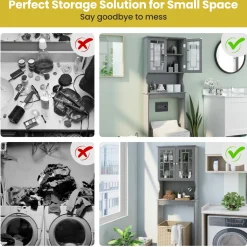 Tangkula Over The Toilet Storage Cabinet, Freestanding Over Toilet Storage Rack w/ 2 Tempered Glass Doors