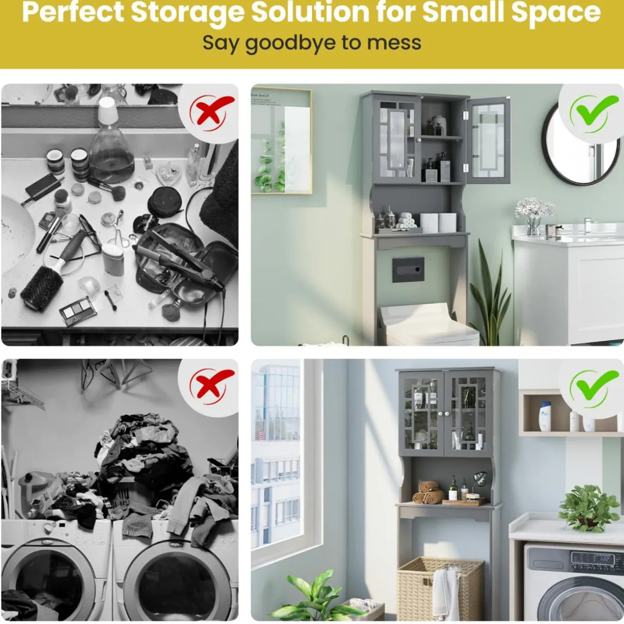 Tangkula Over The Toilet Storage Cabinet, Freestanding Over Toilet Storage Rack w/ 2 Tempered Glass Doors