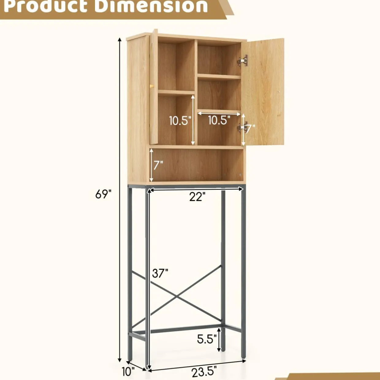 Tangkula Over The Toilet Storage Cabinet, 69" Tall Freestanding Above Toilet Organizer (Farmhouse, Natural)