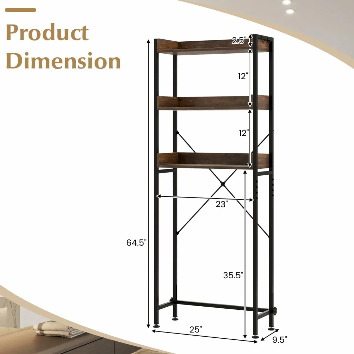Tangkula Over The Toilet Storage Rack, 3-Tier Bathroom Space Saver w/ 4 Hooks & Adjustable Bottom Bar