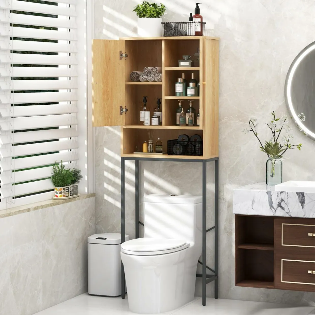 Tangkula Over The Toilet Storage Cabinet, 69" Tall Freestanding Above Toilet Organizer (Farmhouse, Natural)