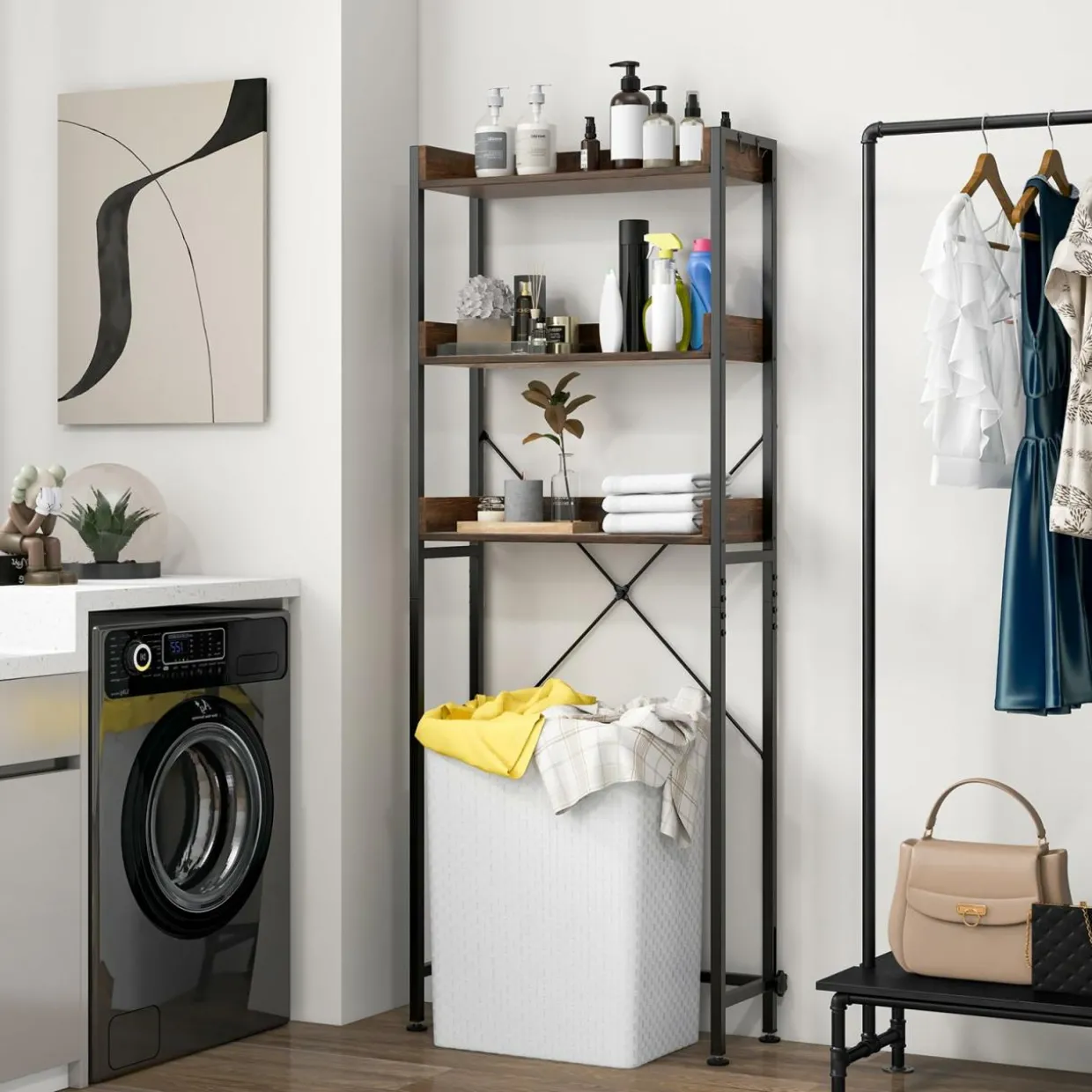 Tangkula Over The Toilet Storage Rack, 3-Tier Bathroom Space Saver w/ 4 Hooks & Adjustable Bottom Bar