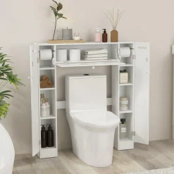 Tangkula Over The Toilet Storage Cabinet, Freestanding Toilet Storage with Adjustable Shelves & Paper Holder