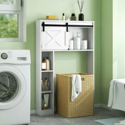 Tangkula Over The Toilet Storage Cabinet, Freestanding Bathroom Organizer Above Toilet with Sliding Barn Door & Storage Shelves