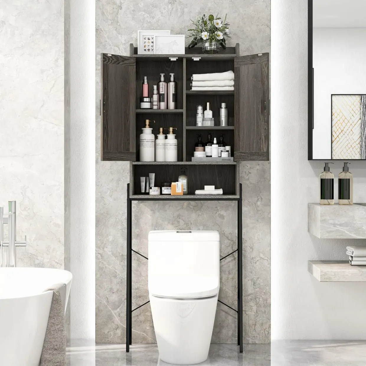 Tangkula Over The Toilet Storage Cabinet, Bathroom Space Saver Organizer Above Toilet with Double Doors & Metal Frame