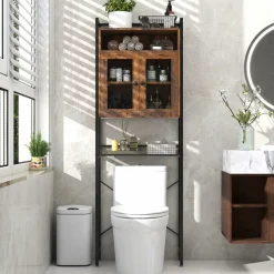Tangkula Over The Toilet Storage Cabinet, 5-Tier Bathroom Space Saver w/2 Metal Mesh Doors & 3-Position Adjustable Shelf
