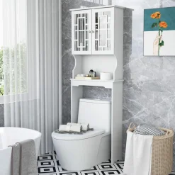 Tangkula Over The Toilet Storage Cabinet, Freestanding Over Toilet Storage Rack w/ 2 Tempered Glass Doors