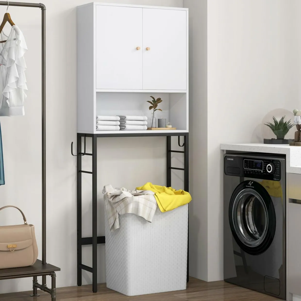 Tangkula Over The Toilet Storage Cabinet, Freestanding Toilet Rack w/ 2 Doors, Adjustable Shelf