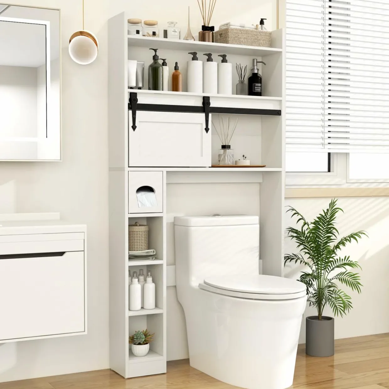 Tangkula Over The Toilet Storage Cabinet, Farmhouse Freestanding Above Toilet Rack w/Sliding Barn Door