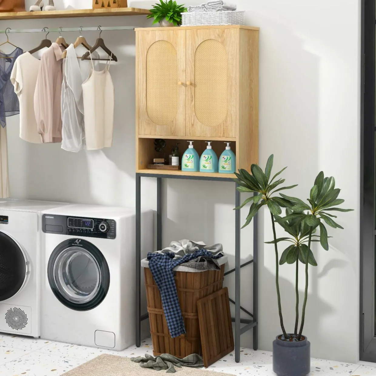Tangkula Over The Toilet Storage Cabinet, 69" Tall Freestanding Above Toilet Organizer (Farmhouse, Natural)