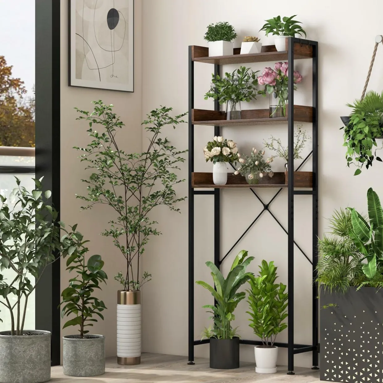 Tangkula Over The Toilet Storage Rack, 3-Tier Bathroom Space Saver w/ 4 Hooks & Adjustable Bottom Bar
