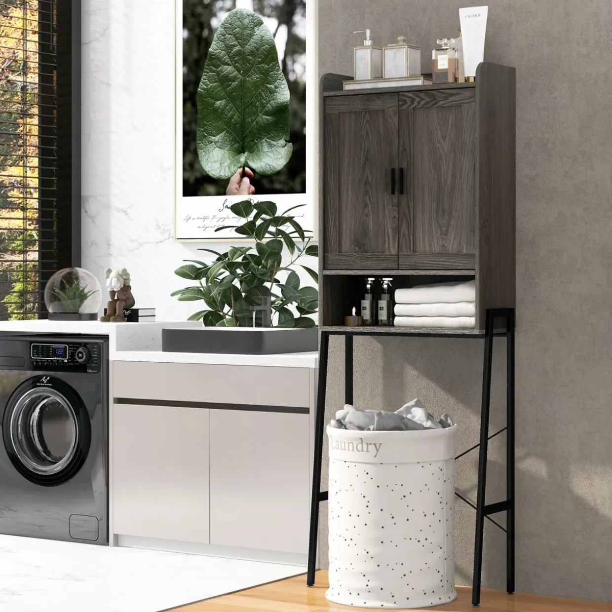 Tangkula Over The Toilet Storage Cabinet, Bathroom Space Saver Organizer Above Toilet with Double Doors & Metal Frame