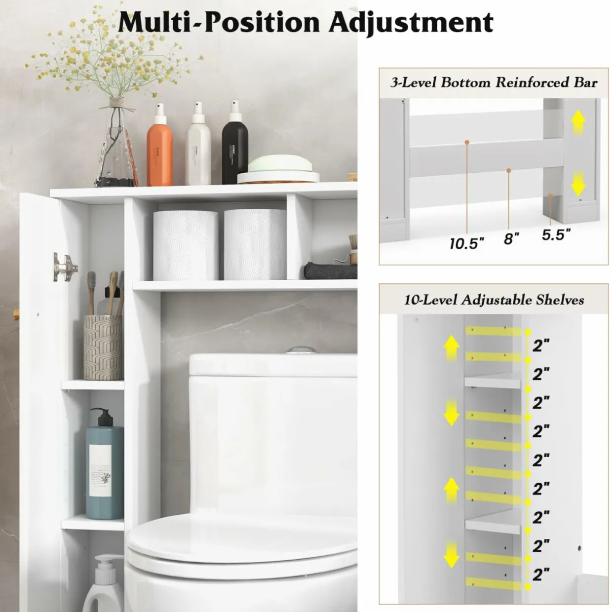 Tangkula Over The Toilet Storage Cabinet, Freestanding Above Toilet Organizer w/ 10-Level Adjustable Shelves & Crossbar