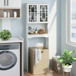 Tangkula Over The Toilet Storage Cabinet, Freestanding Over Toilet Storage Rack w/ 2 Tempered Glass Doors