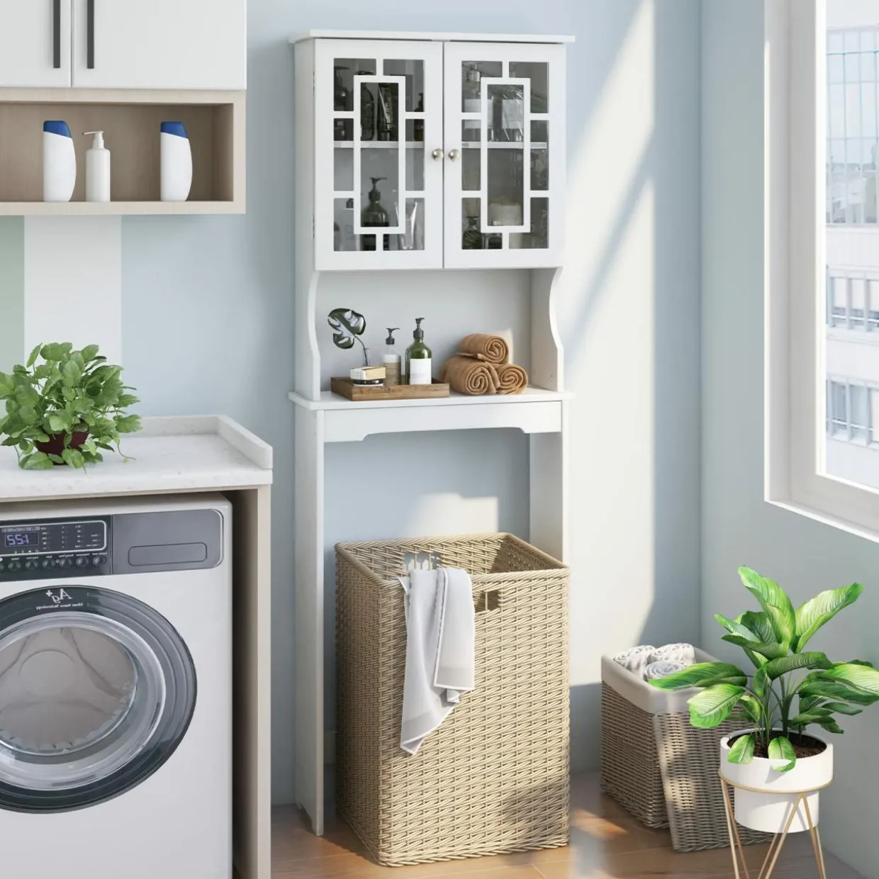 Tangkula Over The Toilet Storage Cabinet, Freestanding Over Toilet Storage Rack w/ 2 Tempered Glass Doors