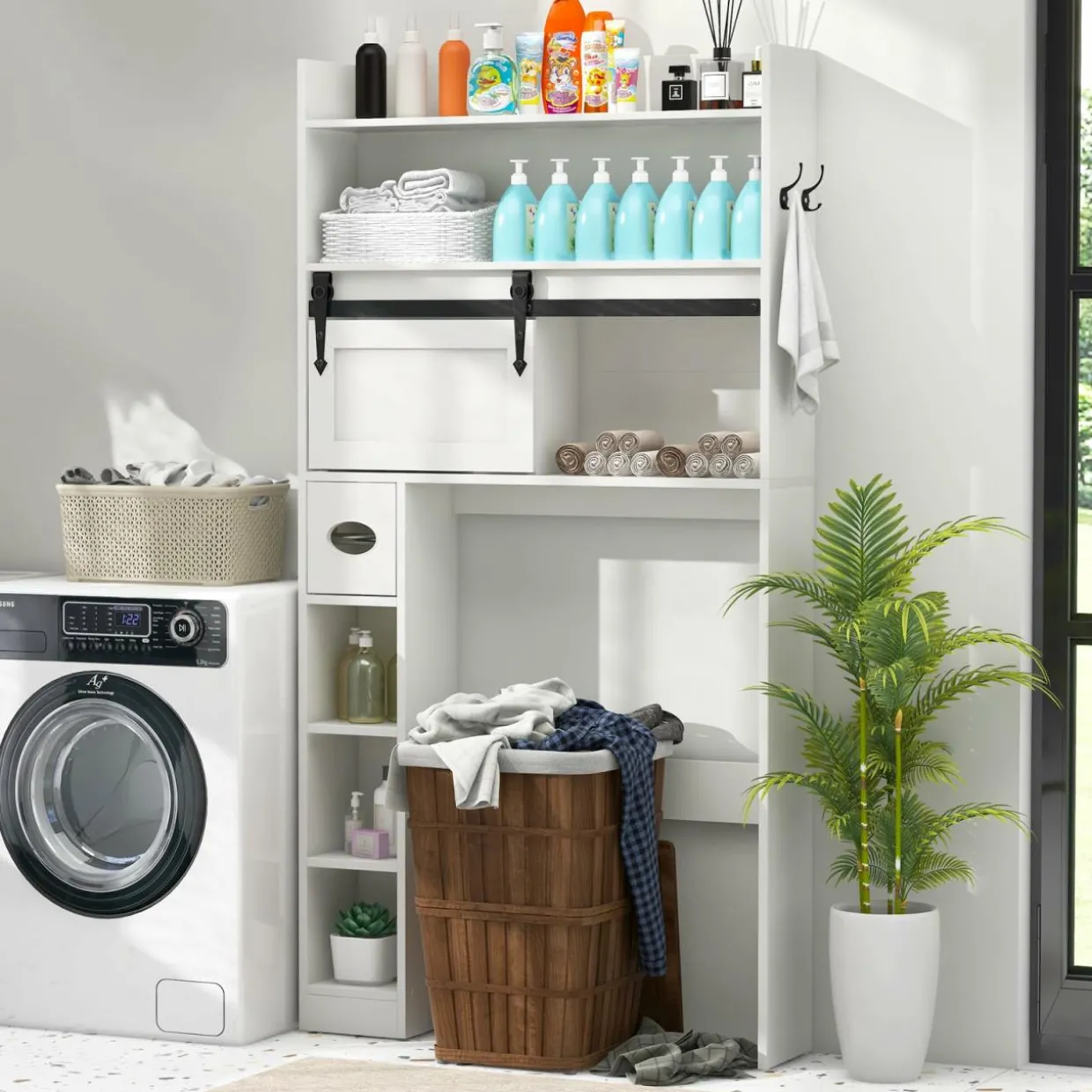 Tangkula Over The Toilet Storage Cabinet, Farmhouse Freestanding Above Toilet Rack w/Sliding Barn Door