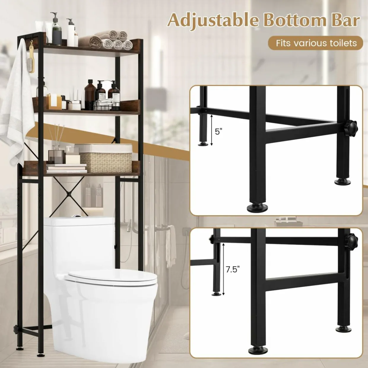 Tangkula Over The Toilet Storage Rack, 3-Tier Bathroom Space Saver w/ 4 Hooks & Adjustable Bottom Bar