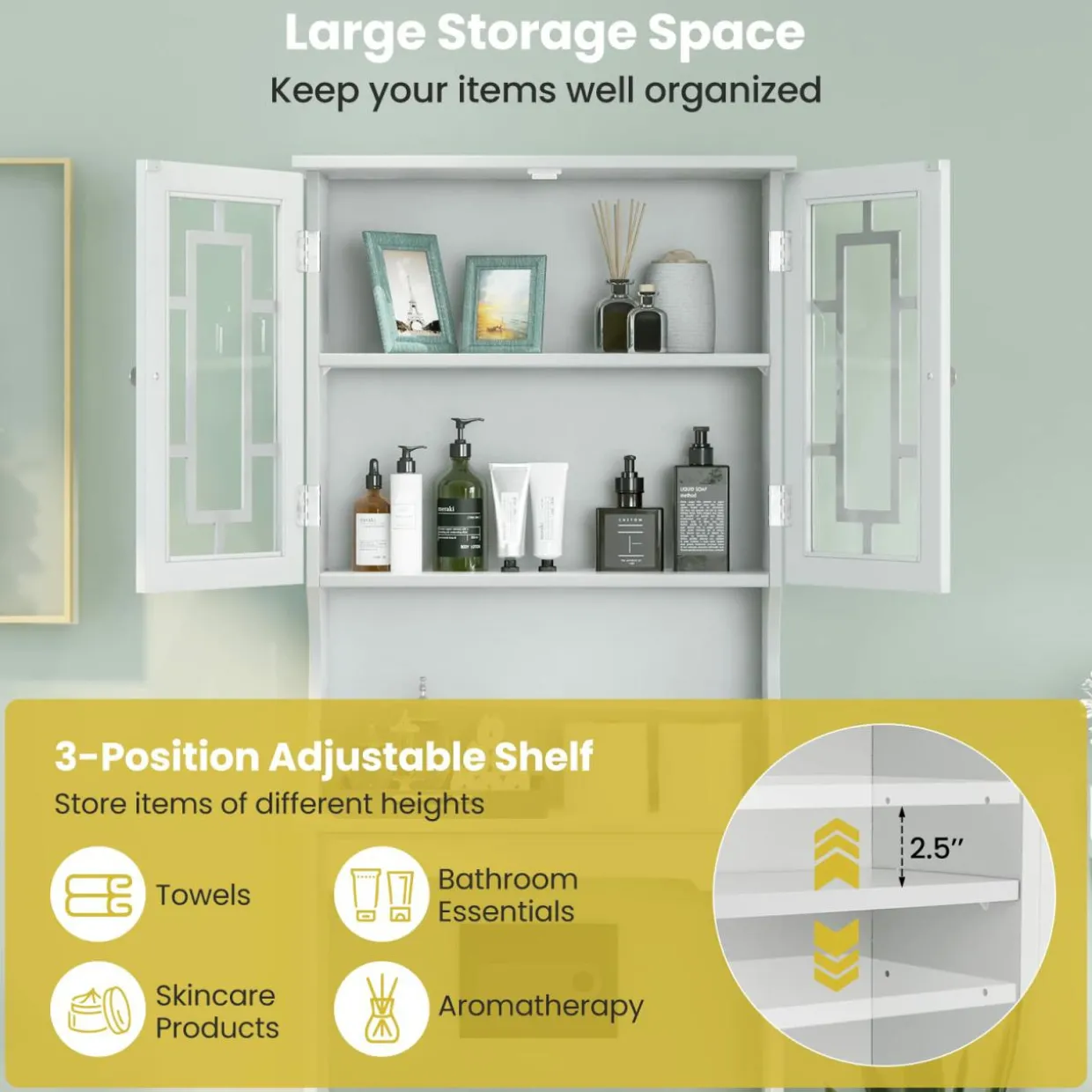 Tangkula Over The Toilet Storage Cabinet, Freestanding Over Toilet Storage Rack w/ 2 Tempered Glass Doors