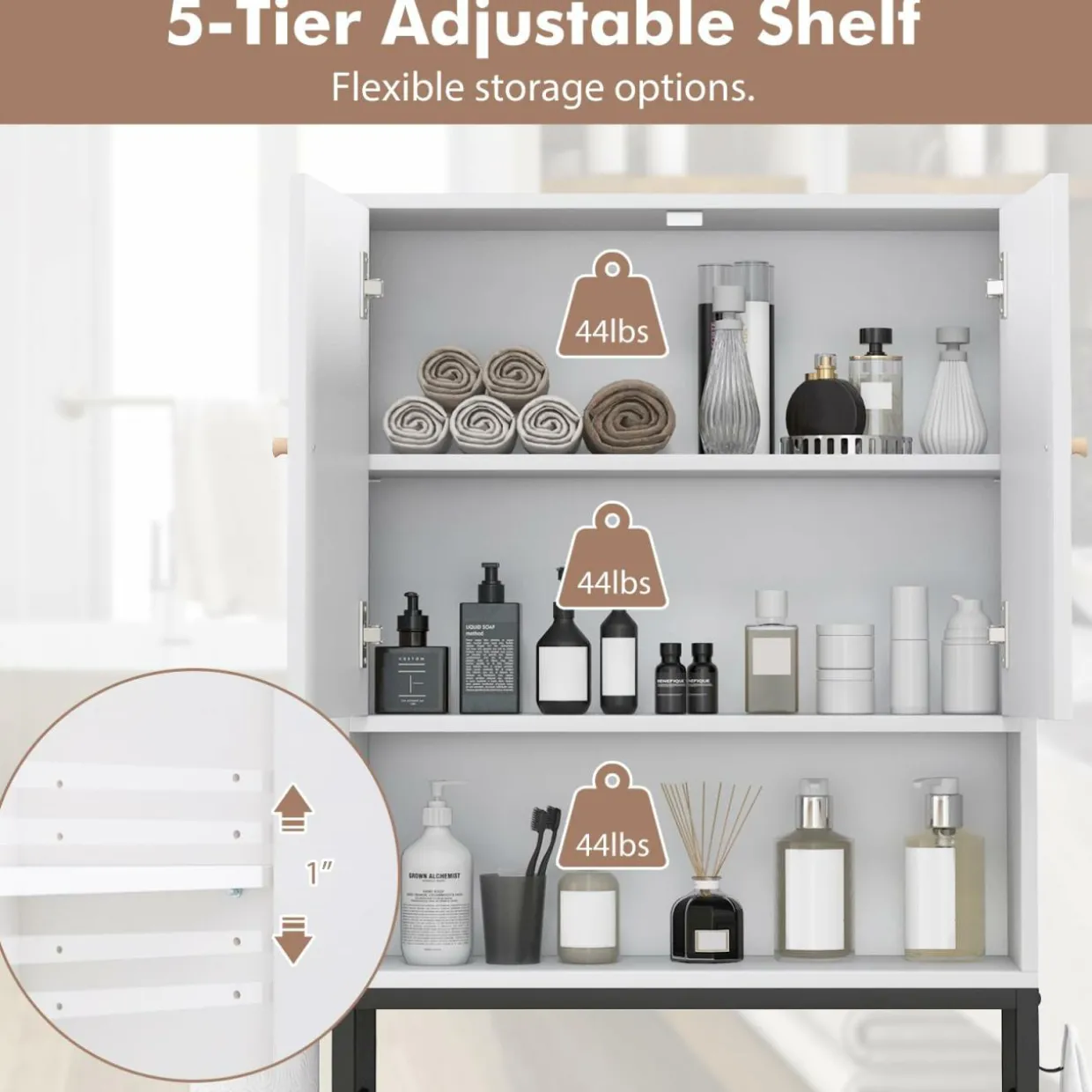Tangkula Over The Toilet Storage Cabinet, Freestanding Toilet Rack w/ 2 Doors, Adjustable Shelf