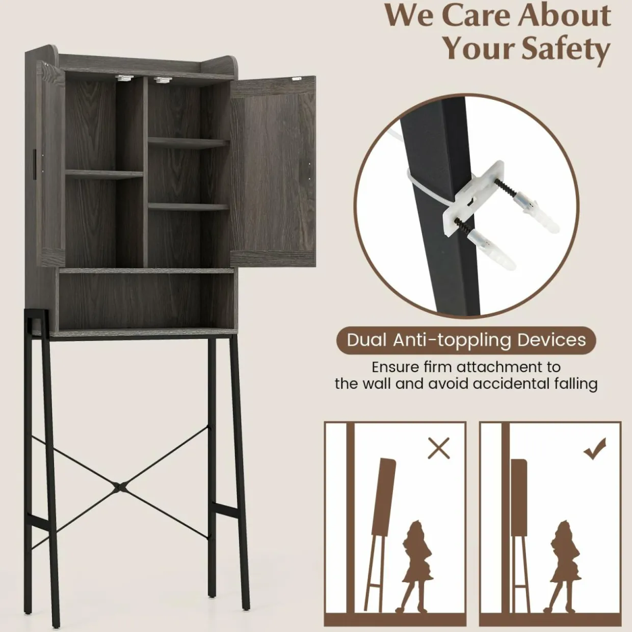 Tangkula Over The Toilet Storage Cabinet, Bathroom Space Saver Organizer Above Toilet with Double Doors & Metal Frame