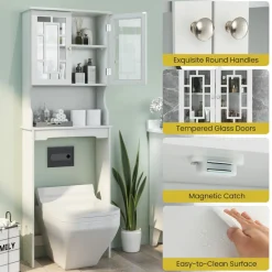 Tangkula Over The Toilet Storage Cabinet, Freestanding Over Toilet Storage Rack w/ 2 Tempered Glass Doors