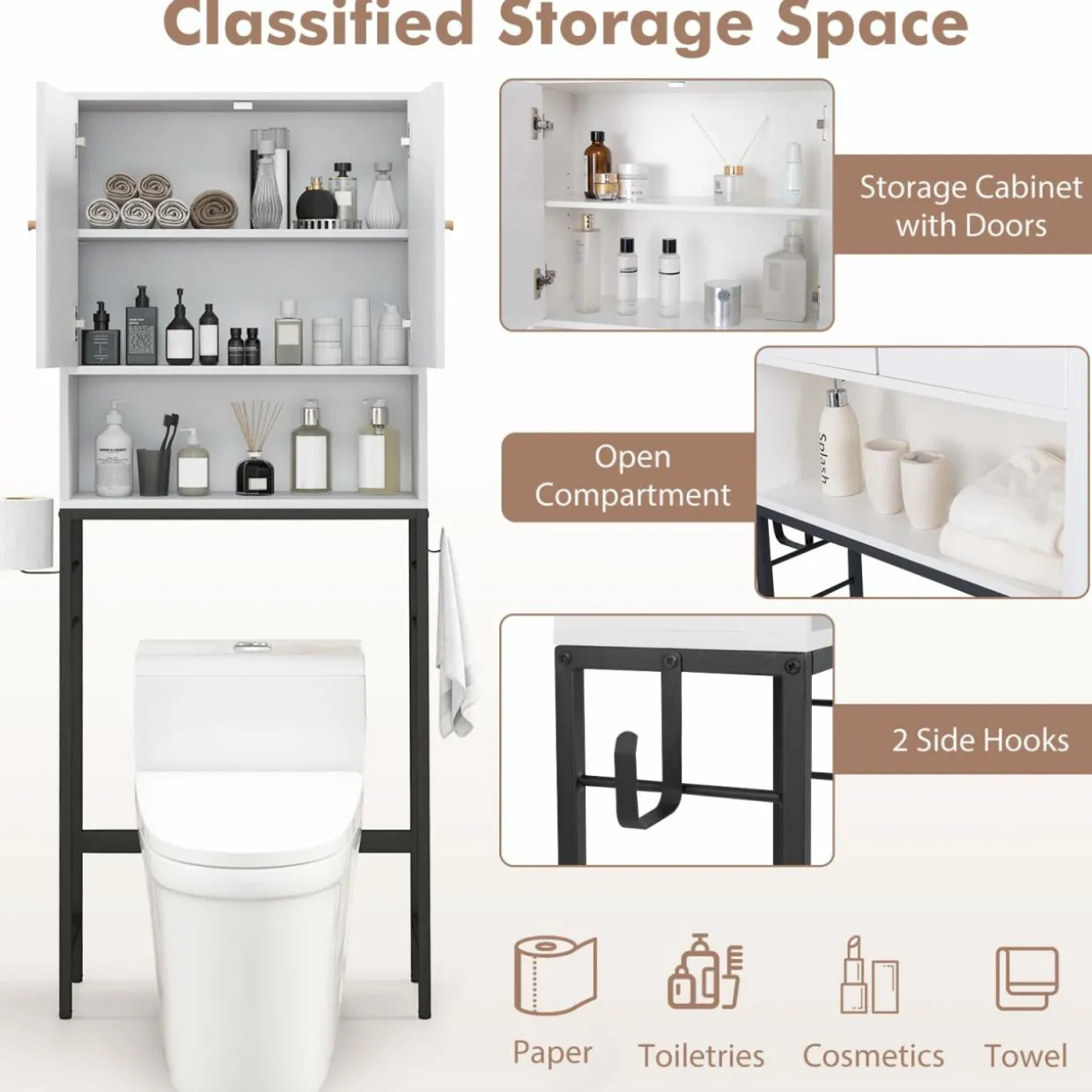 Tangkula Over The Toilet Storage Cabinet, Freestanding Toilet Rack w/ 2 Doors, Adjustable Shelf