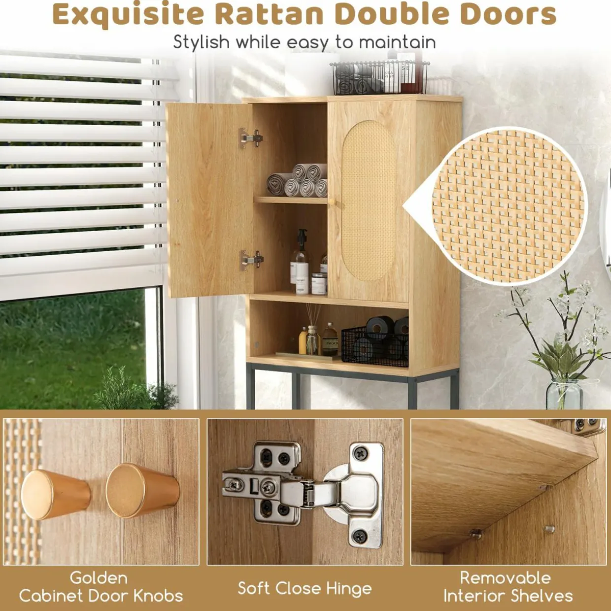 Tangkula Over The Toilet Storage Cabinet, 69" Tall Freestanding Above Toilet Organizer (Farmhouse, Natural)