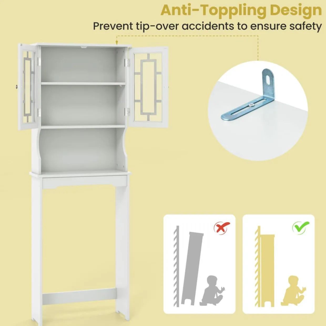 Tangkula Over The Toilet Storage Cabinet, Freestanding Over Toilet Storage Rack w/ 2 Tempered Glass Doors