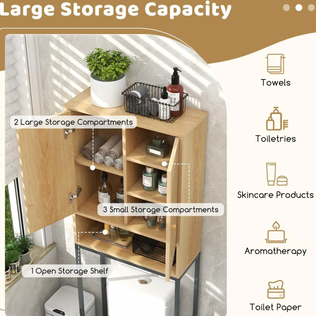 Tangkula Over The Toilet Storage Cabinet, 69" Tall Freestanding Above Toilet Organizer (Farmhouse, Natural)