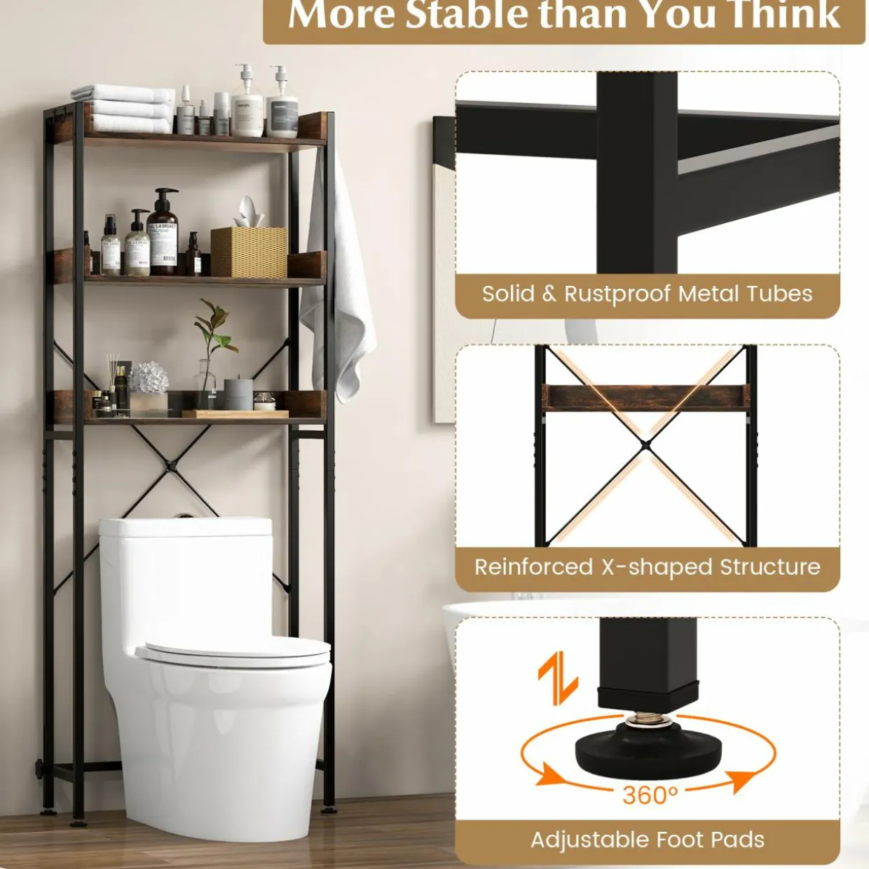 Tangkula Over The Toilet Storage Rack, 3-Tier Bathroom Space Saver w/ 4 Hooks & Adjustable Bottom Bar