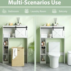 Tangkula Over The Toilet Storage Cabinet, Freestanding Bathroom Organizer Above Toilet with Sliding Barn Door & Storage Shelves