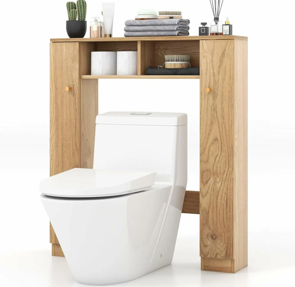 Tangkula Over The Toilet Storage Cabinet, Freestanding Above Toilet Organizer w/ 10-Level Adjustable Shelves & Crossbar