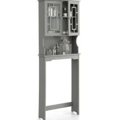 Tangkula Over The Toilet Storage Cabinet, Freestanding Over Toilet Storage Rack w/ 2 Tempered Glass Doors