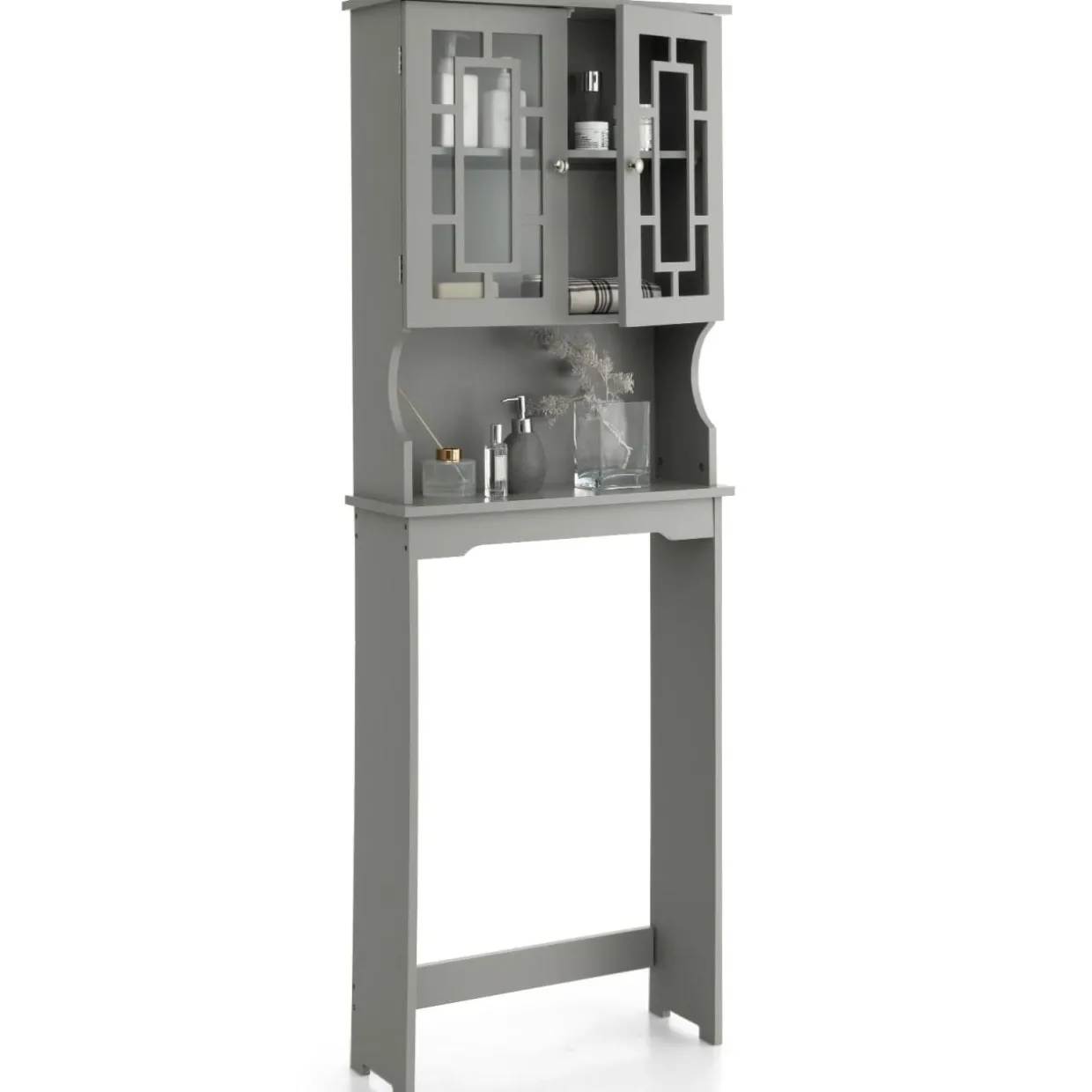 Tangkula Over The Toilet Storage Cabinet, Freestanding Over Toilet Storage Rack w/ 2 Tempered Glass Doors
