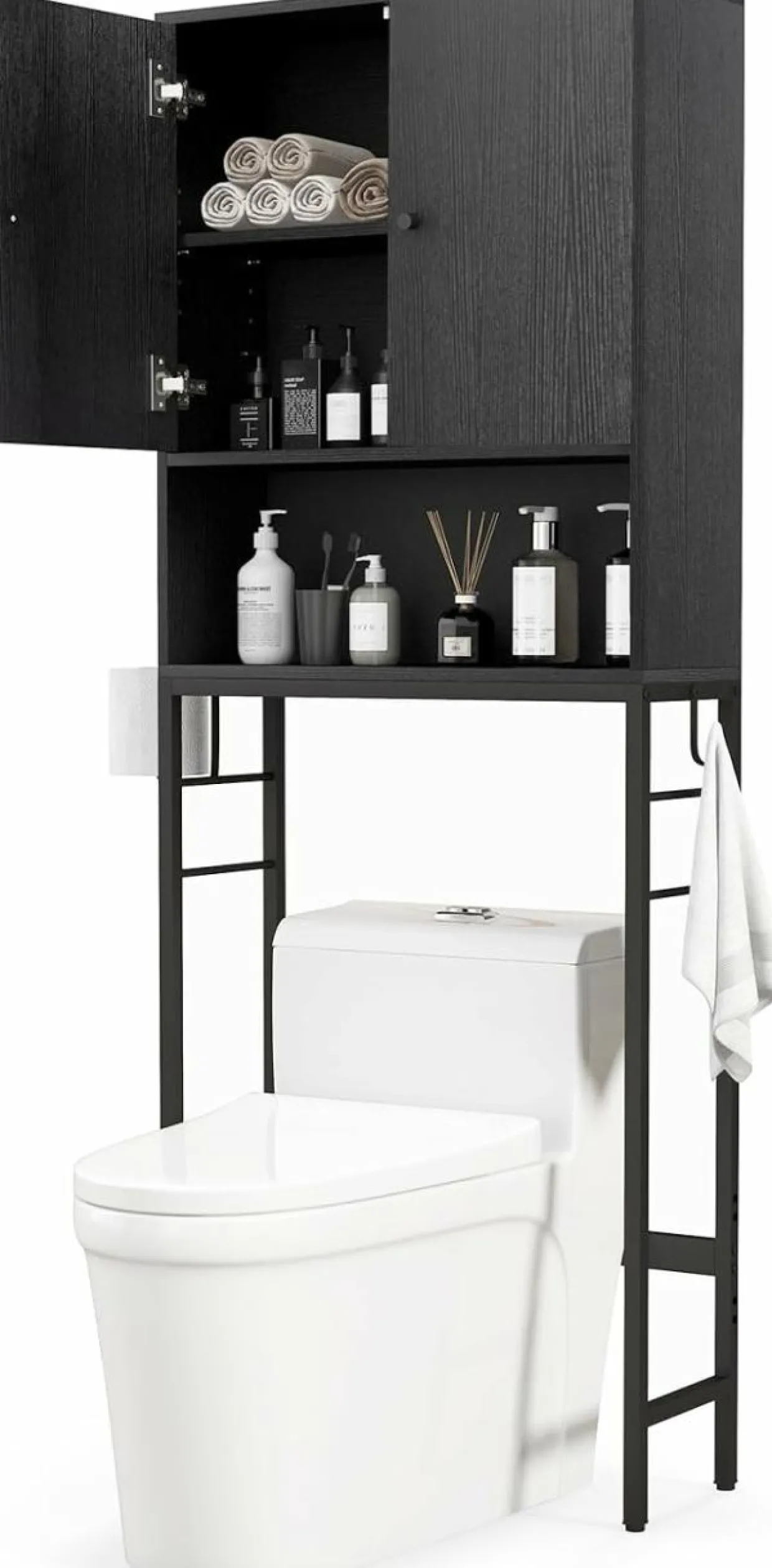 Tangkula Over The Toilet Storage Cabinet, Freestanding Toilet Rack w/ 2 Doors, Adjustable Shelf