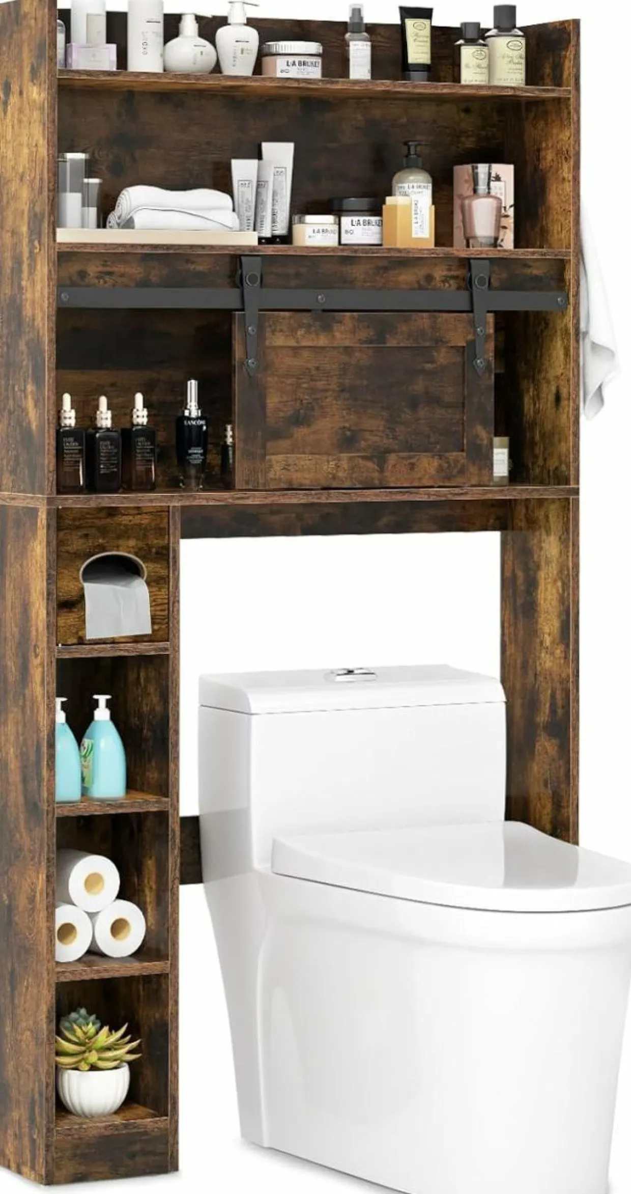 Tangkula Over The Toilet Storage Cabinet, Farmhouse Freestanding Above Toilet Rack w/Sliding Barn Door