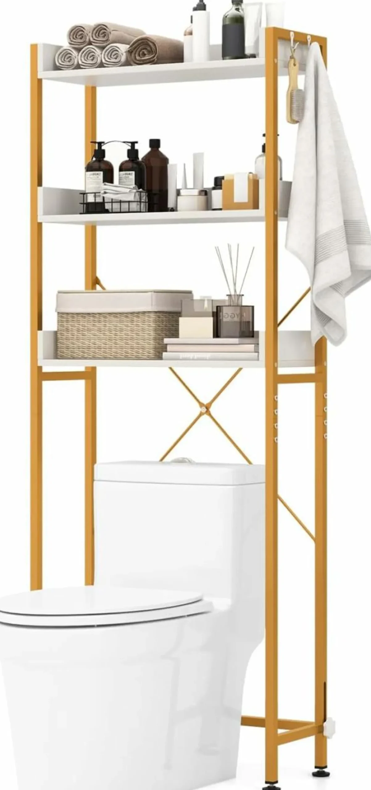 Tangkula Over The Toilet Storage Rack, 3-Tier Bathroom Space Saver w/ 4 Hooks & Adjustable Bottom Bar