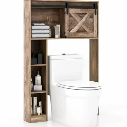 Tangkula Over The Toilet Storage Cabinet, Freestanding Bathroom Organizer Above Toilet with Sliding Barn Door & Storage Shelves